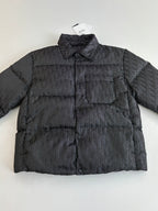Dior long puffer jacket, dark navy, front view with chest pocket and stand collar