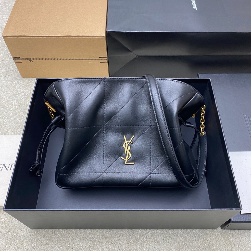 Black YSL quilted leather bag with gold logo and chain shoulder strap