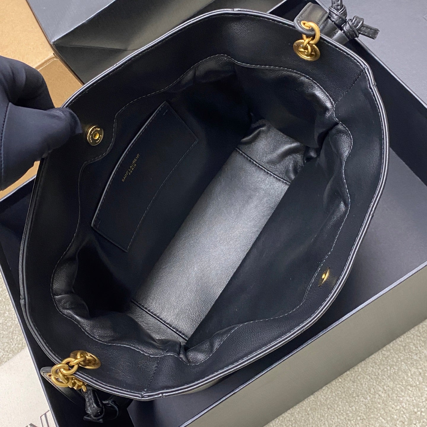 Black YSL leather bag interior with lining and small card holder