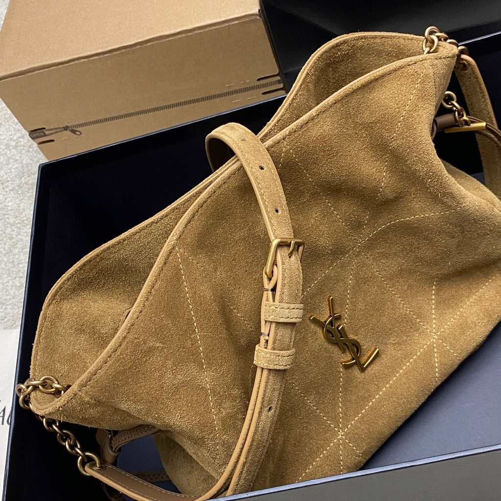 YSL suede hobo bag in tan with gold YSL logo, chain strap and adjustable belt strap