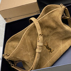 YSL suede hobo bag in tan with gold YSL logo, chain strap and adjustable belt strap