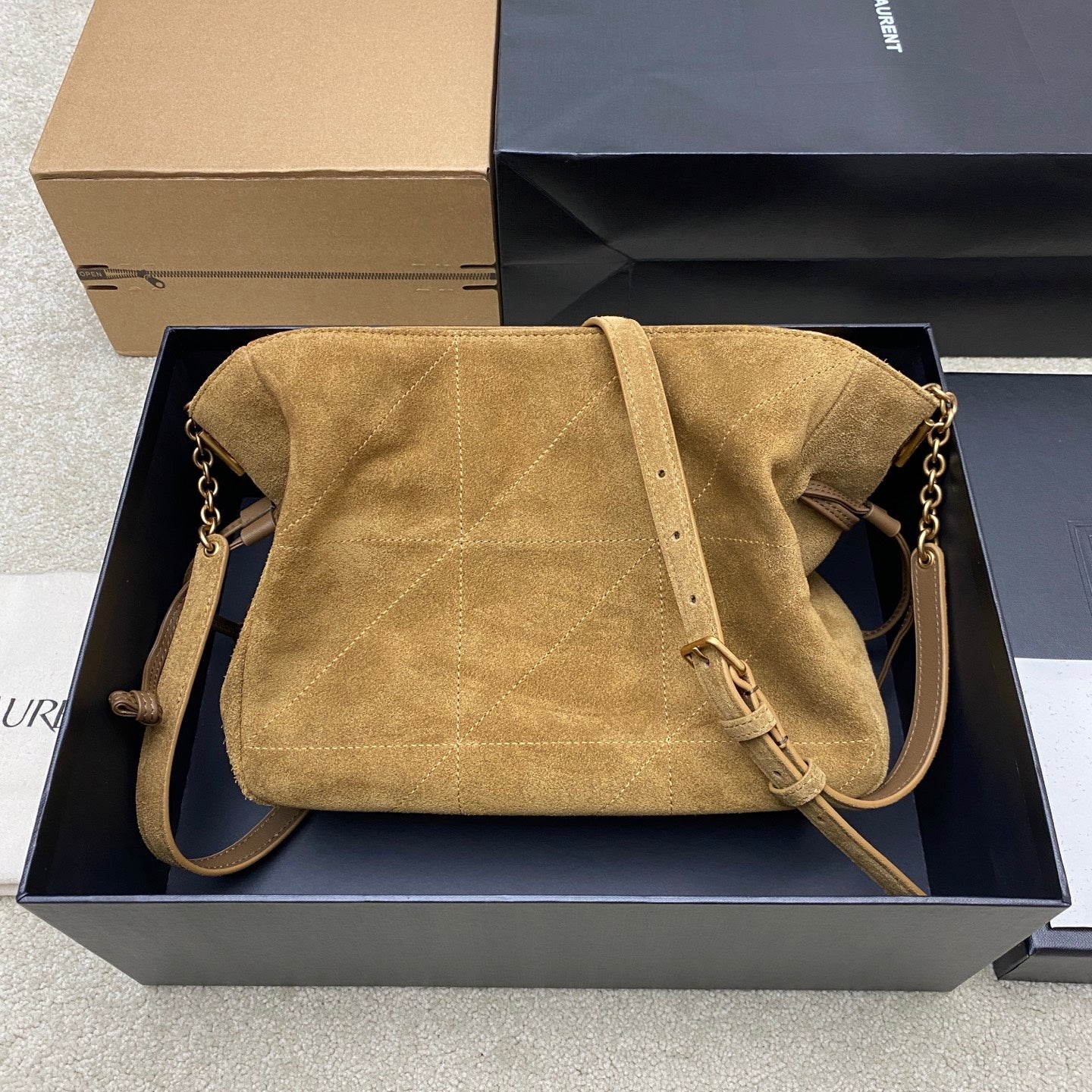 YSL quilted suede shoulder bag, tan body with gold YSL logo and chain crossbody strap