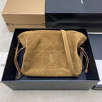 YSL quilted suede shoulder bag with gold YSL logo, zip top and chain straps