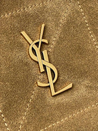 YSL gold monogram logo on tan suede bag front