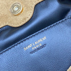 YSL 'SAINT LAURENT PARIS' stamp on blue leather lining with stitching