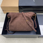 YSL taupe suede shoulder bag with front flap, strap, and gold hardware