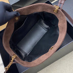 YSL suede tote bag open top showing dark leather lining and interior pocket
