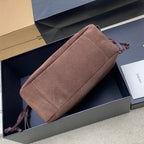 YSL taupe suede bag with wide flap and stitched front panel