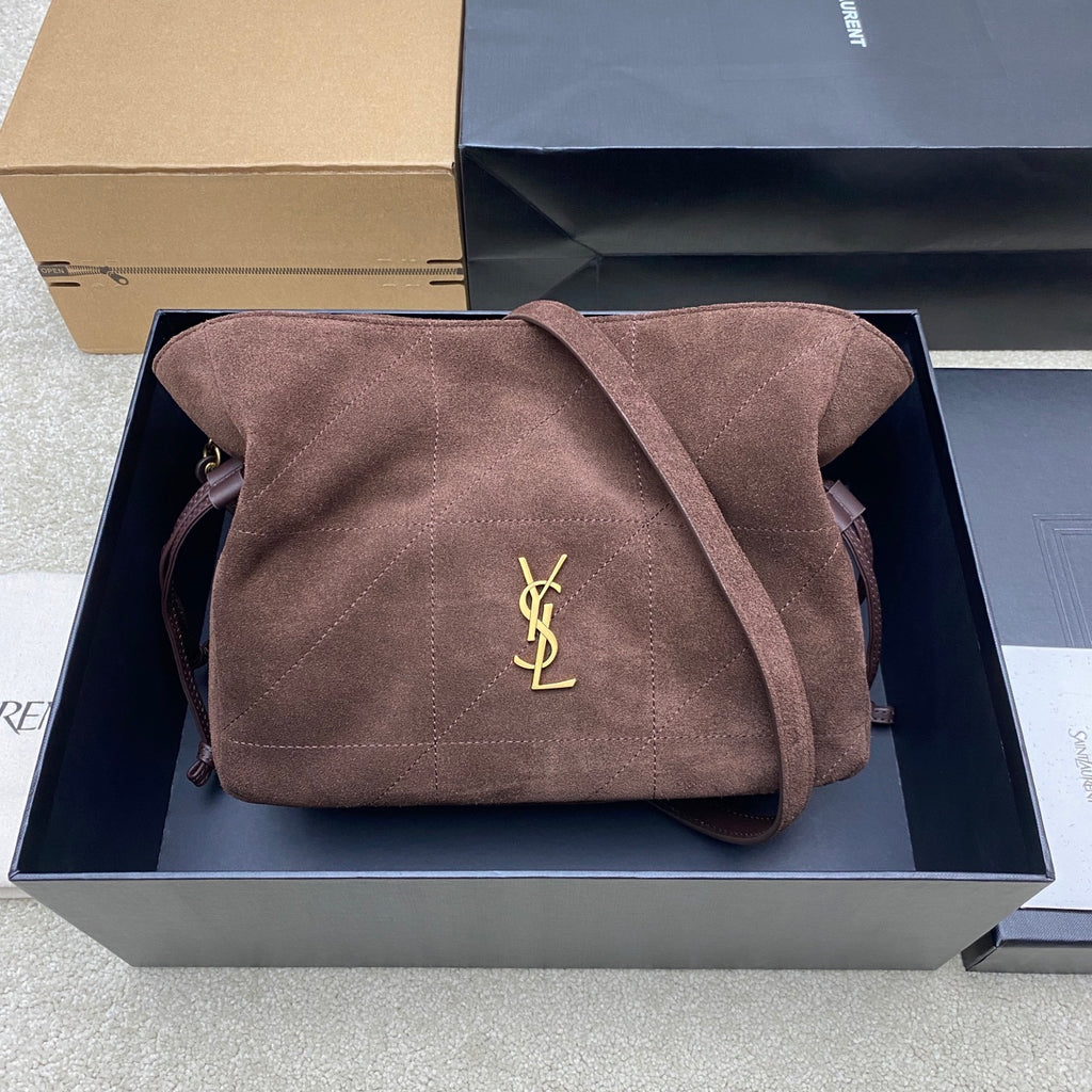 YSL bag in taupe suede with gold YSL logo on front flap