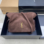 YSL bag in taupe suede with gold YSL logo on front flap