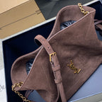 YSL taupe suede bag with YSL logo, front strap, and gold chain