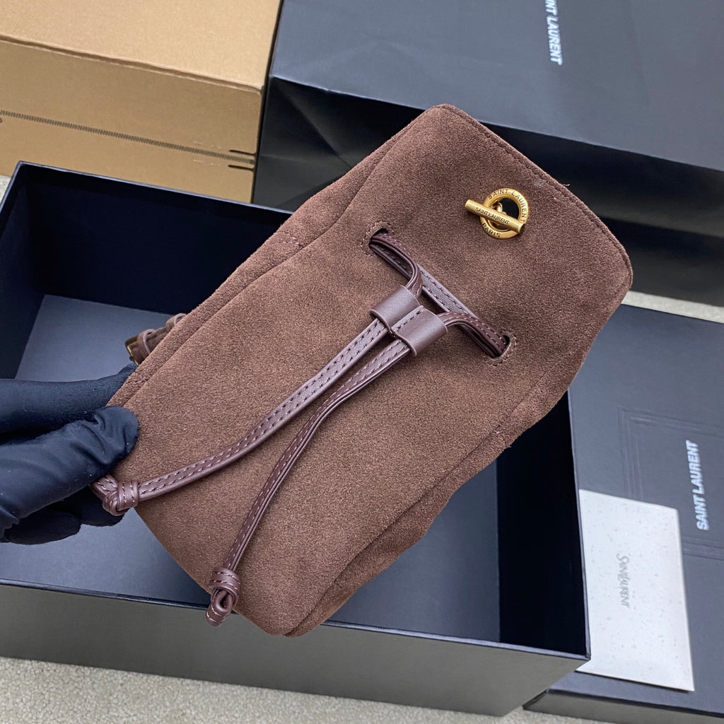 YSL taupe suede shoulder bag with gold logo and adjustable shoulder strap
