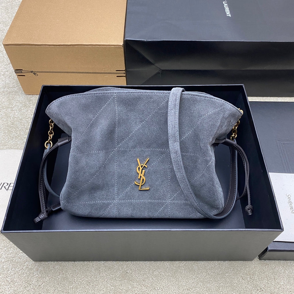 Suede YSL shoulder bag in blue-gray with YSL gold logo and chain handles