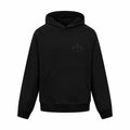 Black long-sleeve hoodie with hood and front kangaroo pocket, small chest logo
