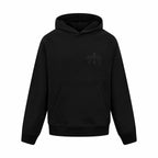Black long-sleeve hoodie with hood and front kangaroo pocket, small chest logo