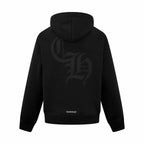Black hoodie with hood, large back graphic print, ribbed hem