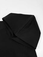 Black hoodie hood and shoulder seam detail