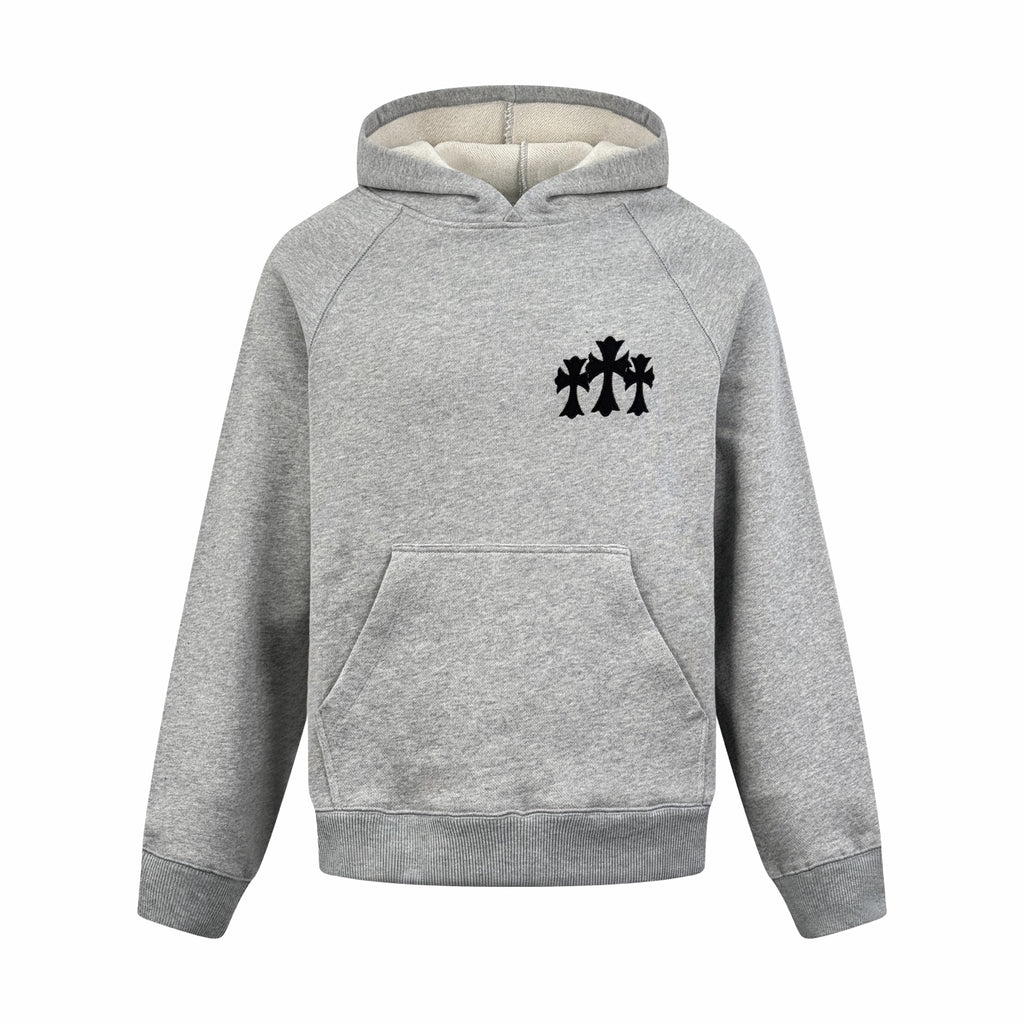 Gray pullover hoodie with hood and front pocket, black chest logo patch.