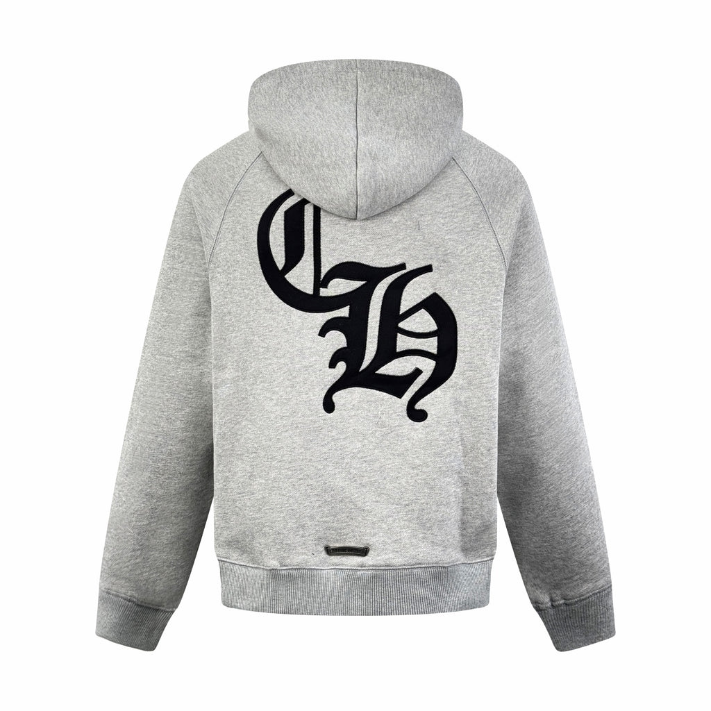 Gray pullover hoodie with hood, large black back logo graphic.