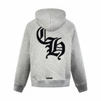 Gray pullover hoodie with hood, large black back logo graphic.