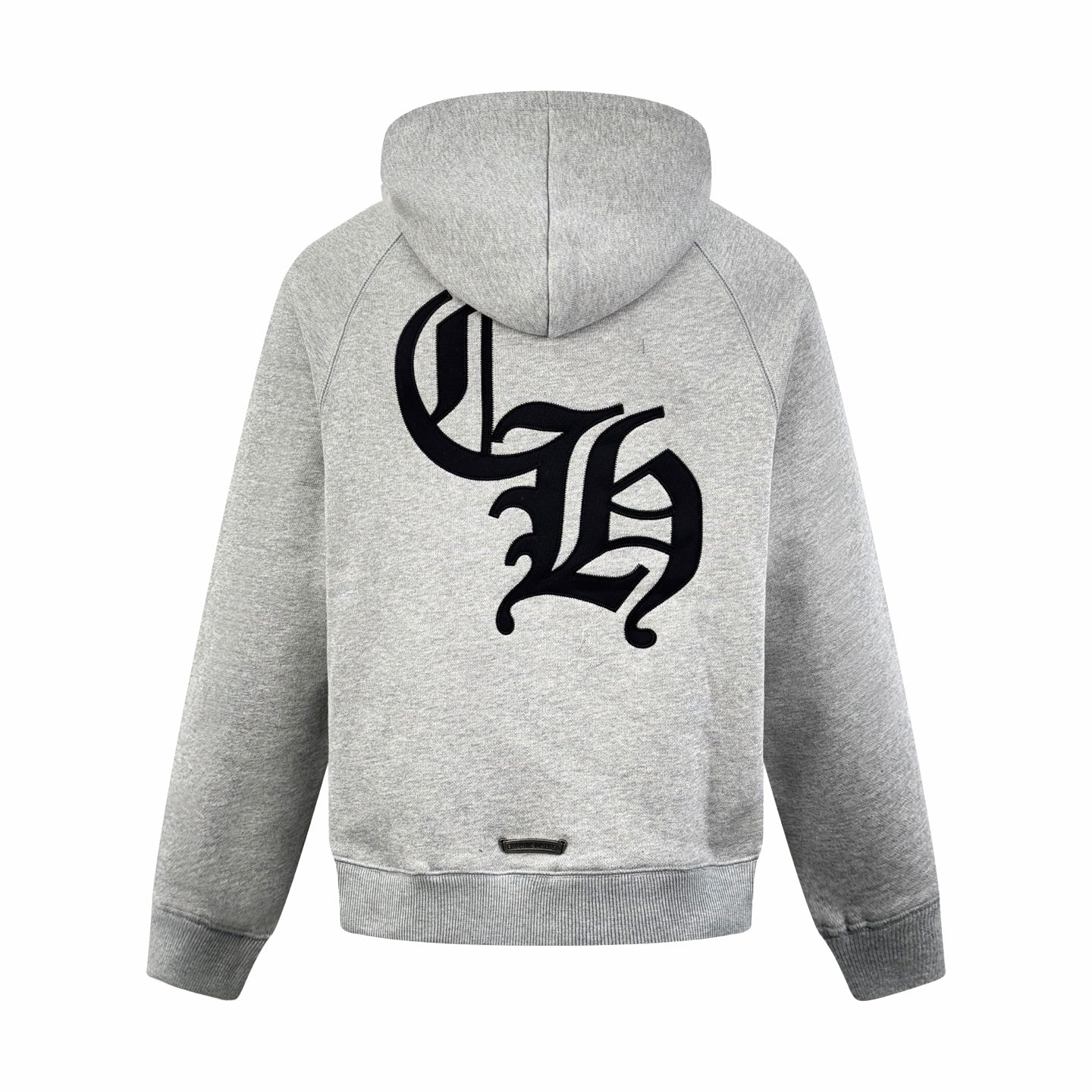 Gray pullover hoodie with hood, large black back logo graphic.