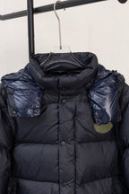 Moncler kids puffer jacket front view, hooded, dark navy
