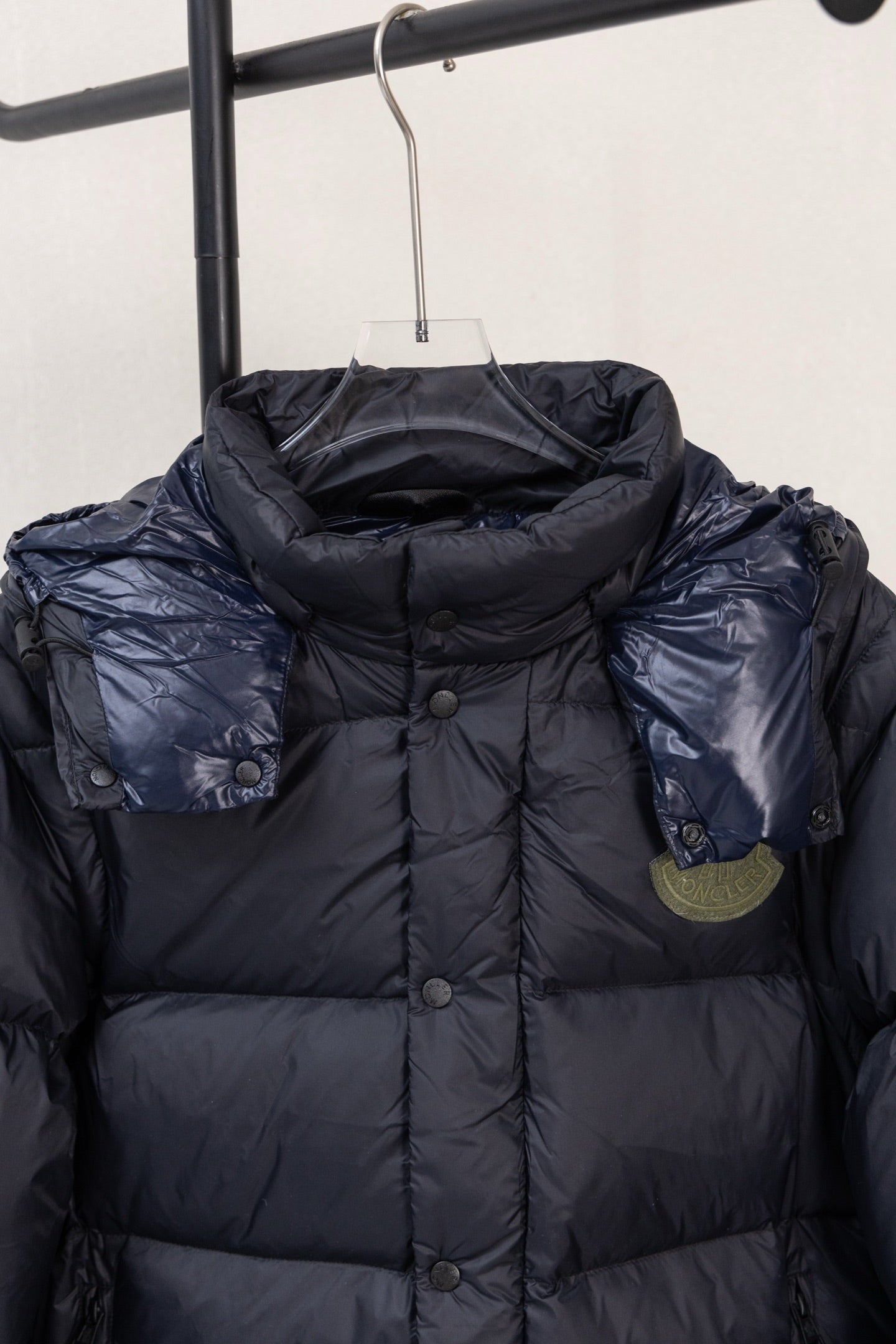 Moncler kids puffer jacket front view, hooded, dark navy