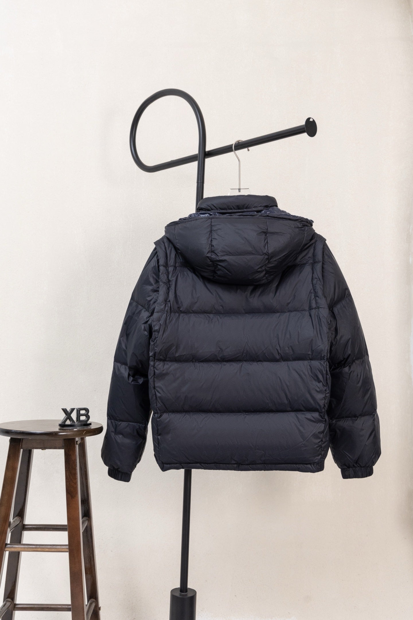 Moncler kids puffer jacket from back, hooded, dark navy