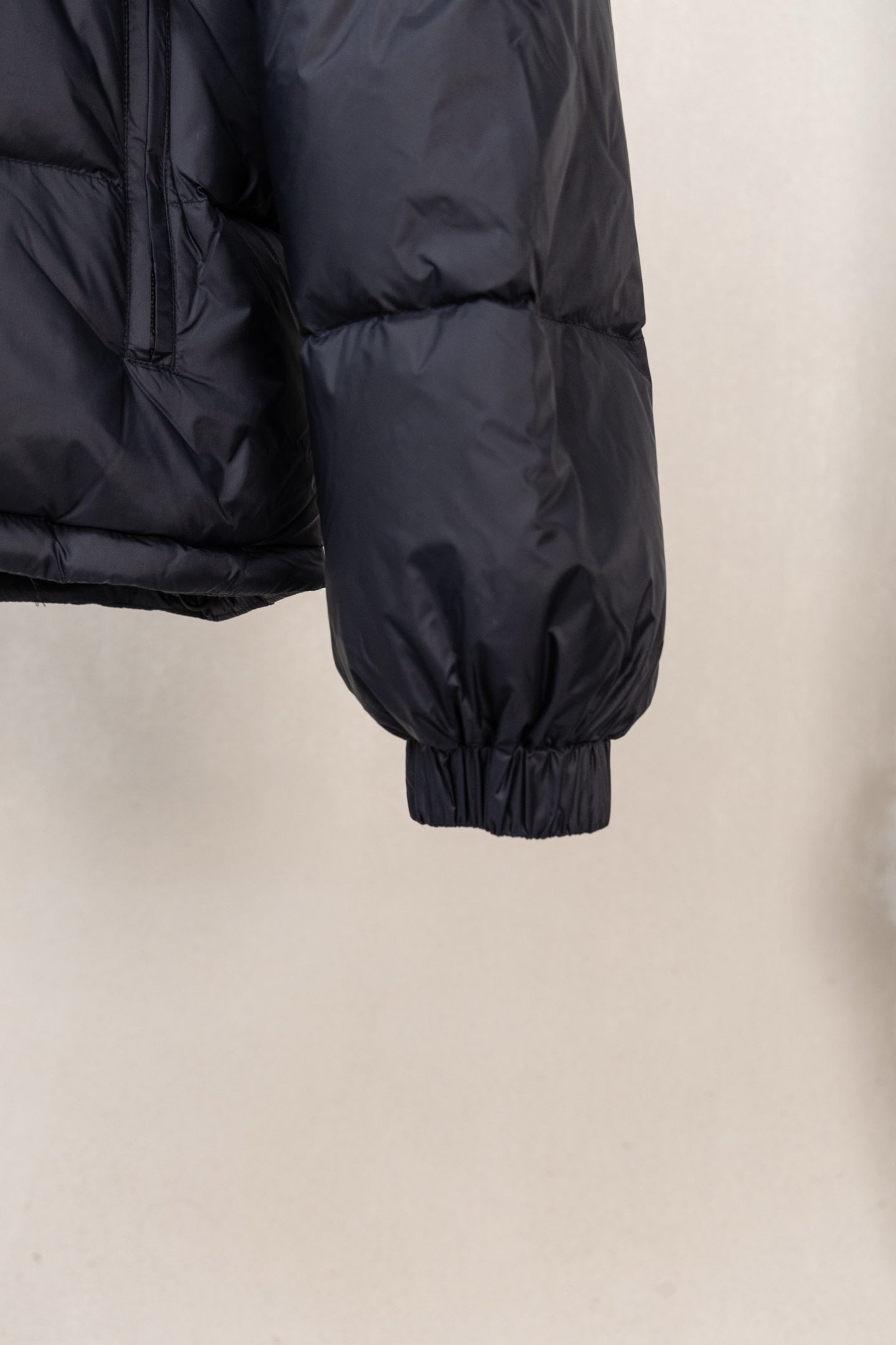 Moncler padded puffer jacket sleeve hem, dark with elastic cuff