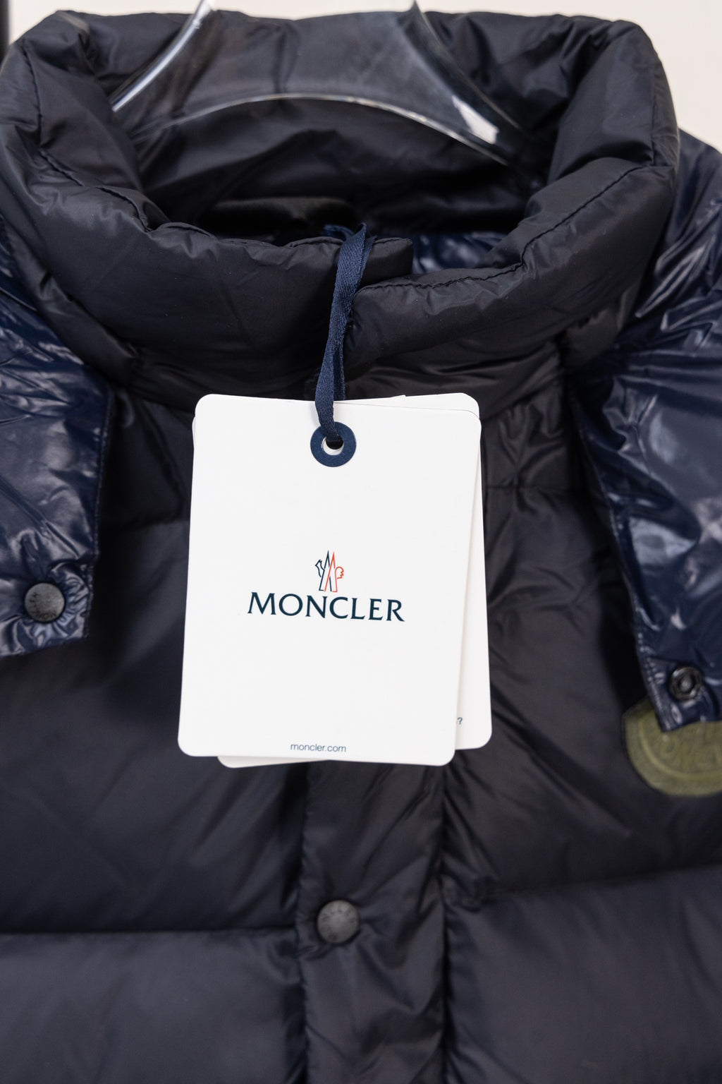 Moncler hooded puffer jacket interior label and drawstring