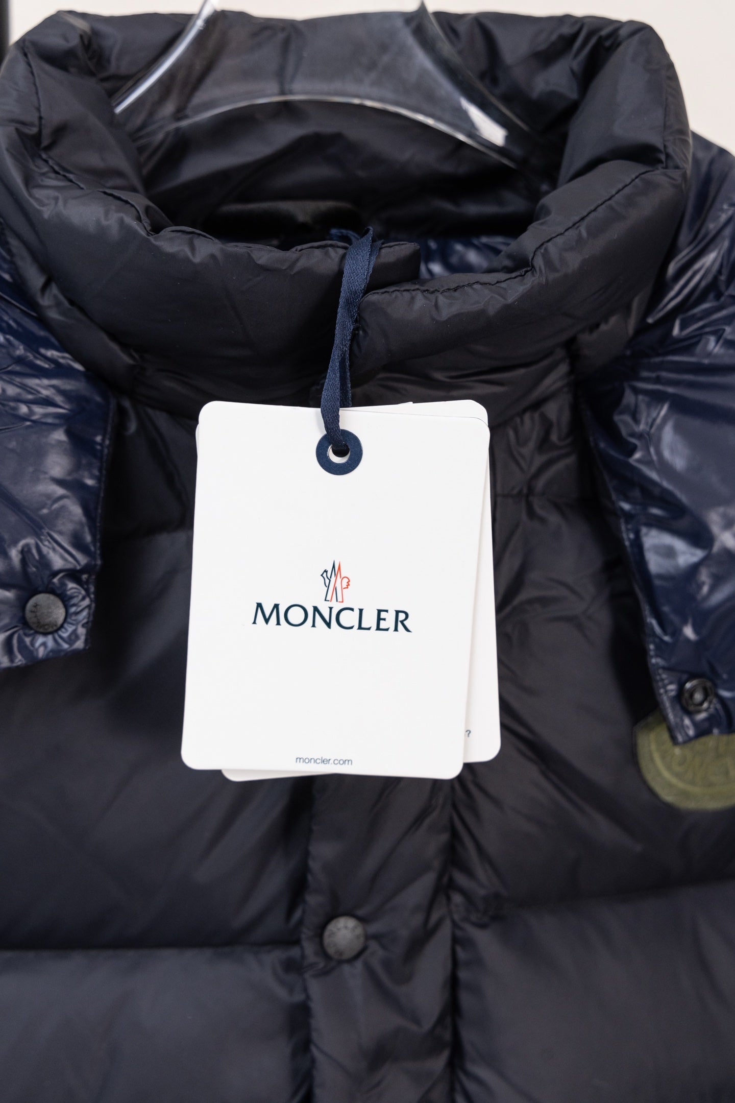 Moncler hooded puffer jacket interior label and drawstring