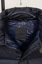 Moncler puffer jacket collar and inner logo patch, dark navy