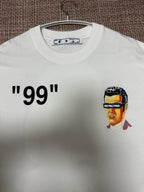 Off White graphic T-shirt, white with '99' and small multicolor face on chest
