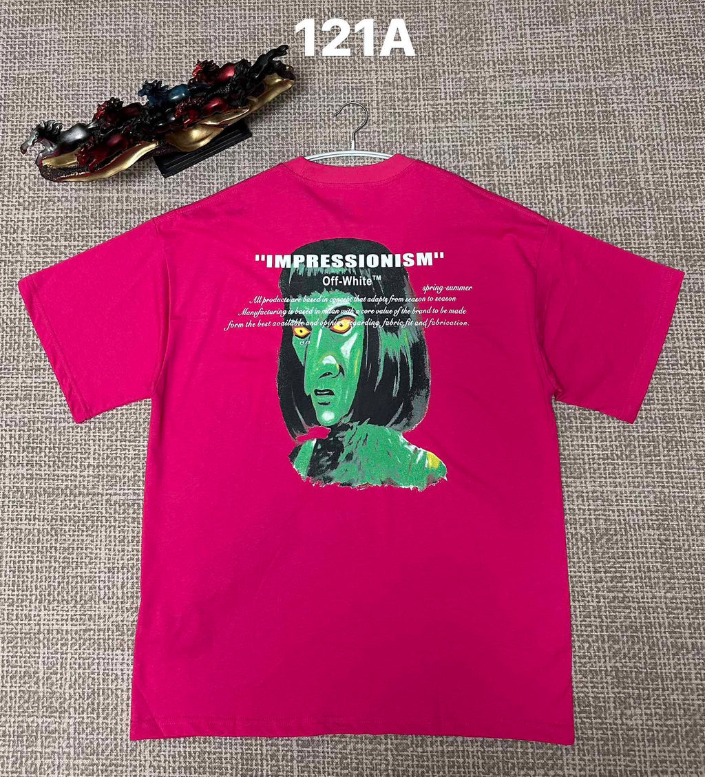 Off White graphic T-shirt, pink with 'IMPRESSIONISM' and green portrait back print