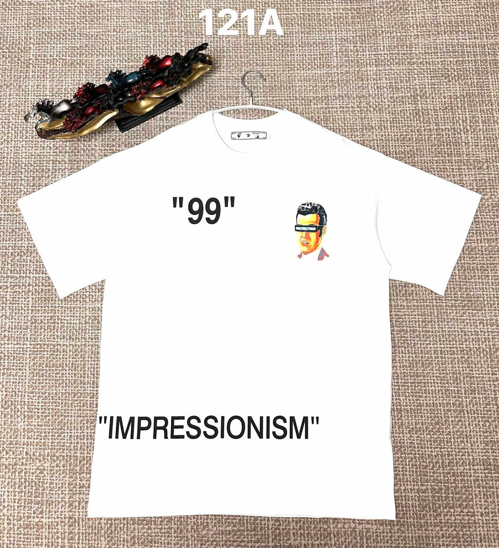 Off White graphic T-shirt, white with '99' text and small face print