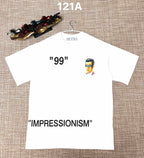 Off White graphic T-shirt, white with '99' text and small face print