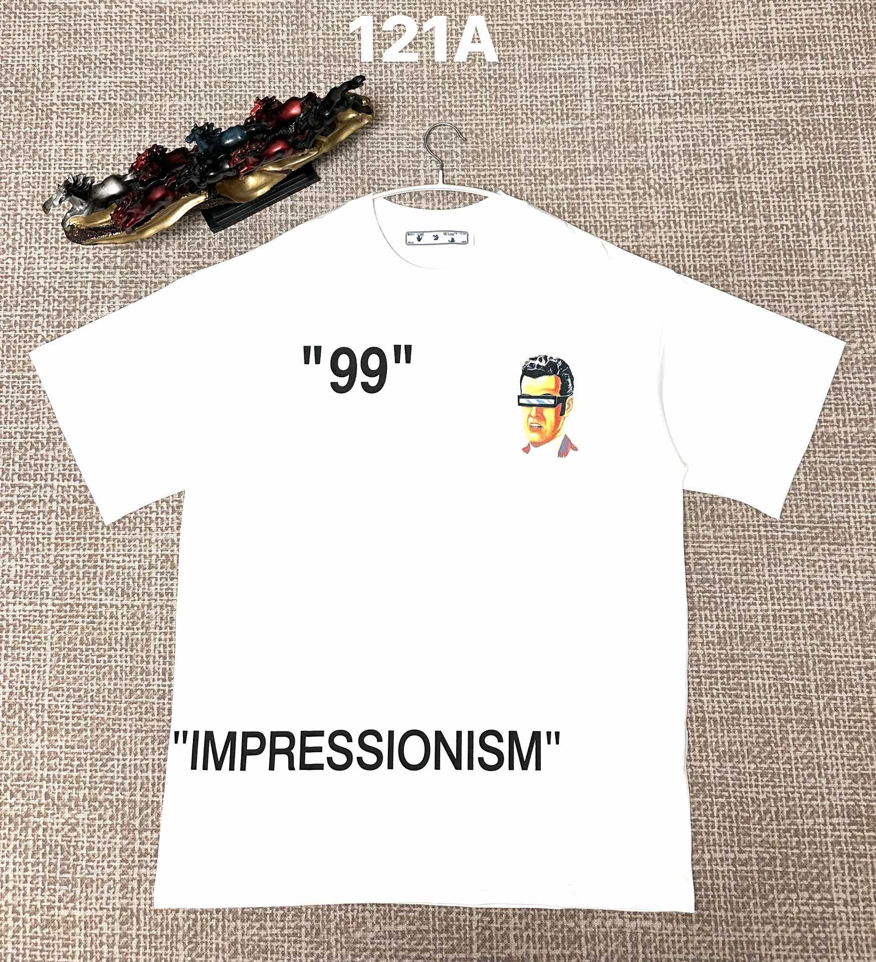 Off White graphic T-shirt, white with '99' text and small face print