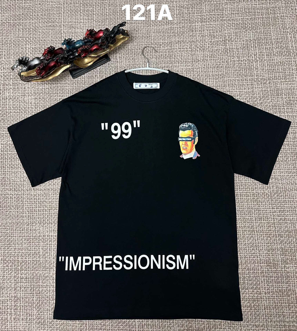 Off White graphic T-shirt, black with '99' and face artwork