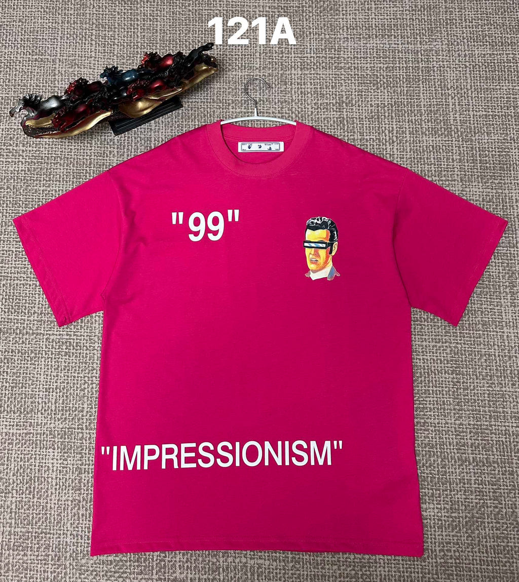 Off White graphic T-shirt, pink with '99' and face artwork