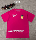 Off White graphic T-shirt, pink with '99' and face artwork