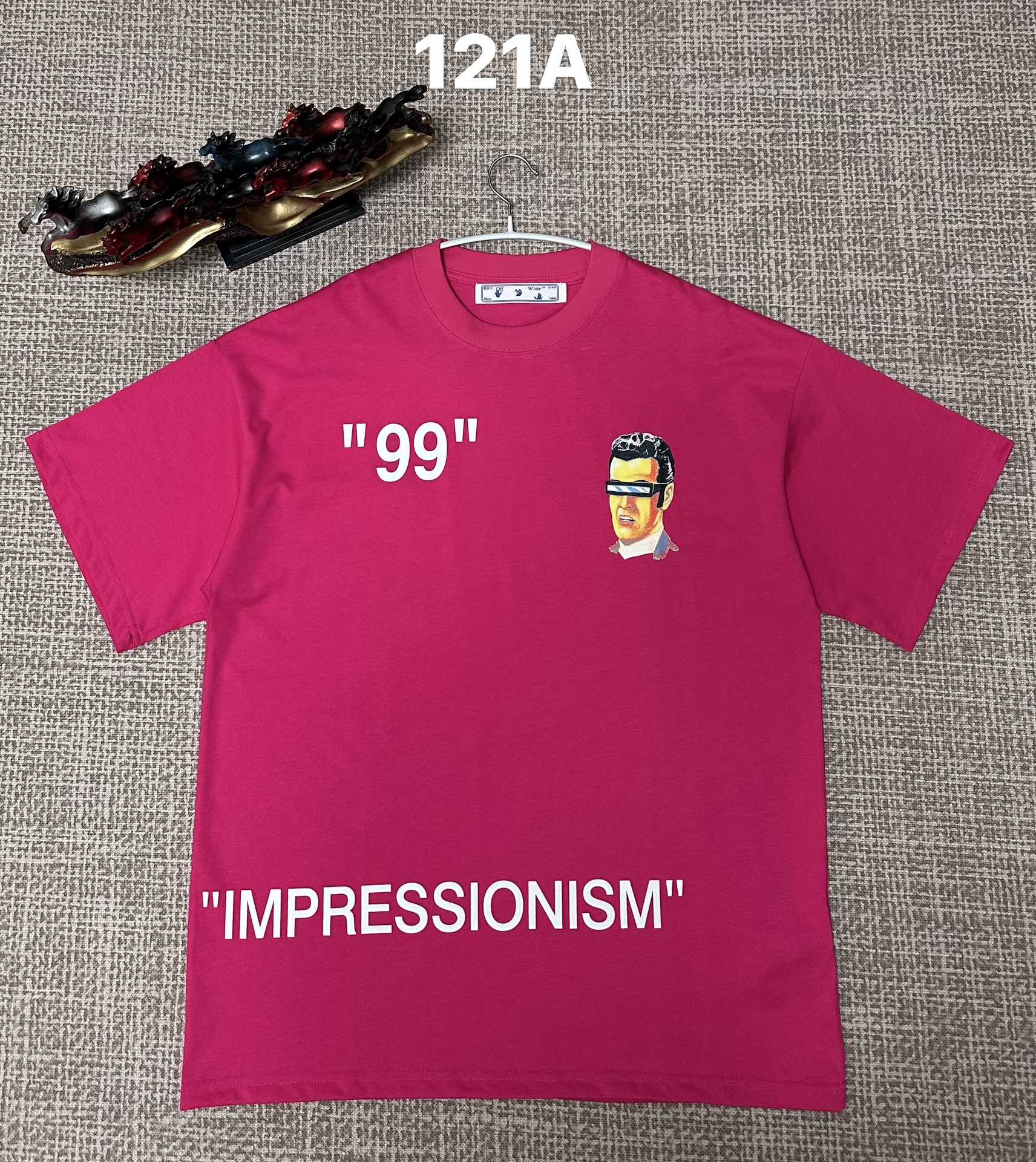 Off White graphic T-shirt, pink with '99' and face artwork