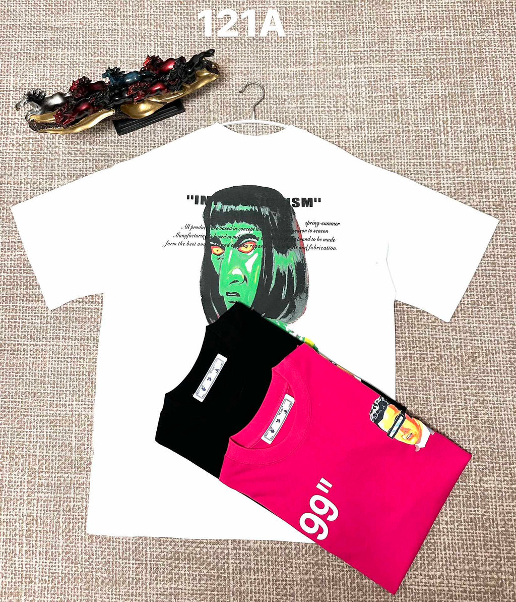 Off White graphic T-shirt, white with green face and '99' lettering