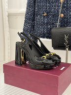 Gucci ladies black patent heeled shoes with gold horsebit-style trim