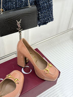 Gucci patent leather pumps in peach with gold horsebit strap on block heel