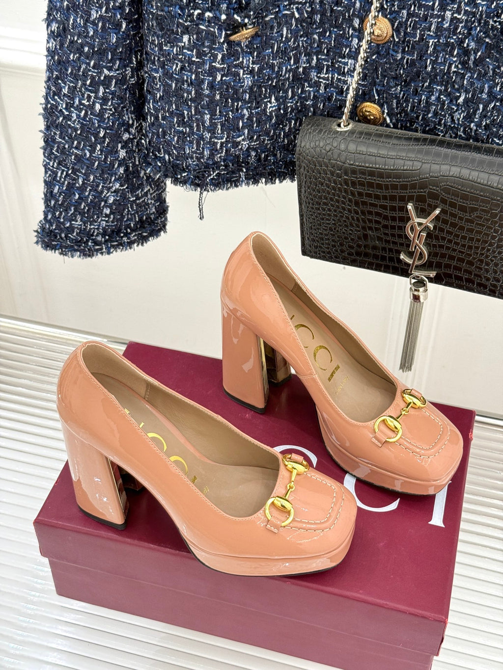 Gucci peach patent leather pumps with gold horsebit detail and square block heel
