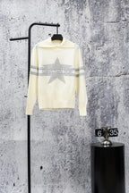 Cream long-sleeve sweater with high neck, blue stripe trim, and Christian Dior logo print