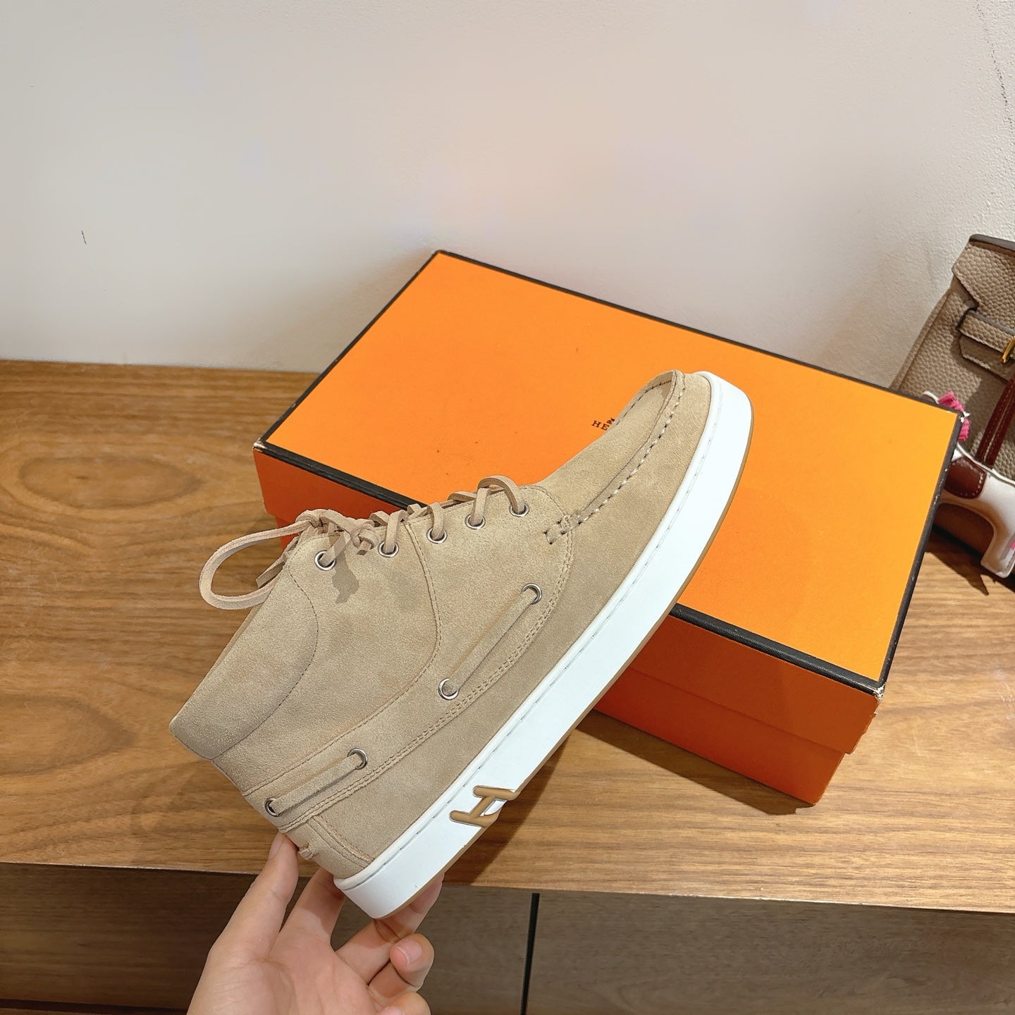 Hermes unisex suede sneaker, beige with white sole and lace-up front