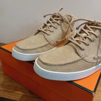 Hermes unisex suede sneakers, beige, white midsoles and lace-up eyelets