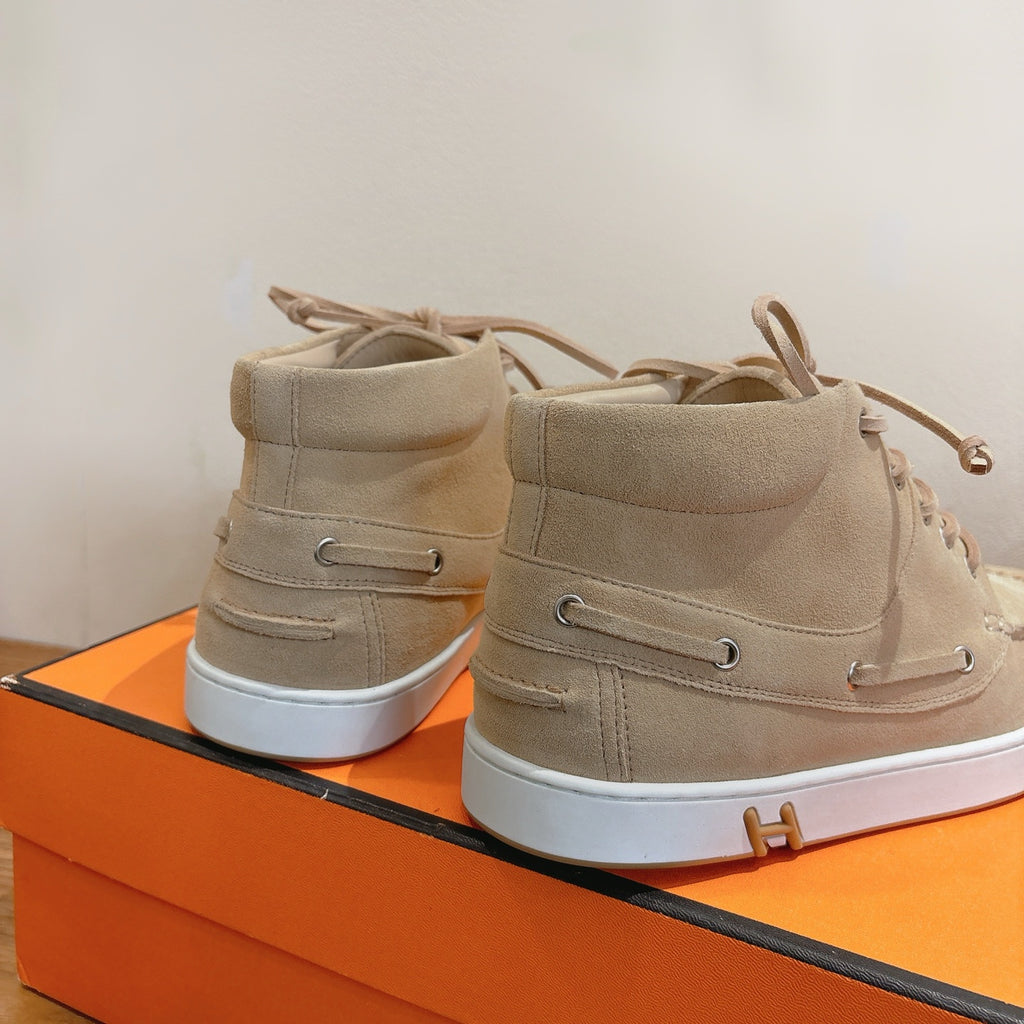 Hermes unisex suede sneakers, beige with heel pull tabs and white sole
