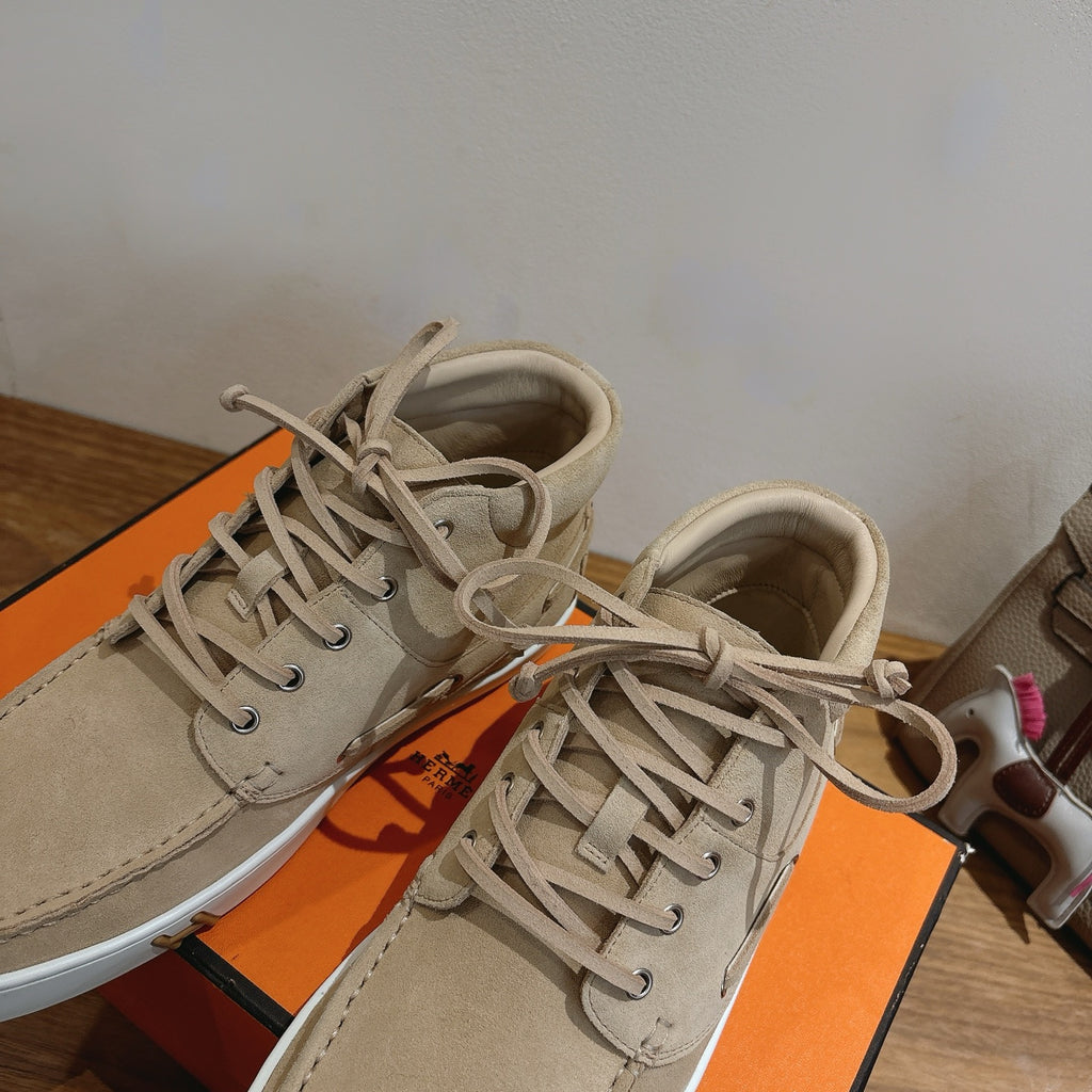 Hermes unisex suede sneakers, beige lace-up with stitched side panel detail